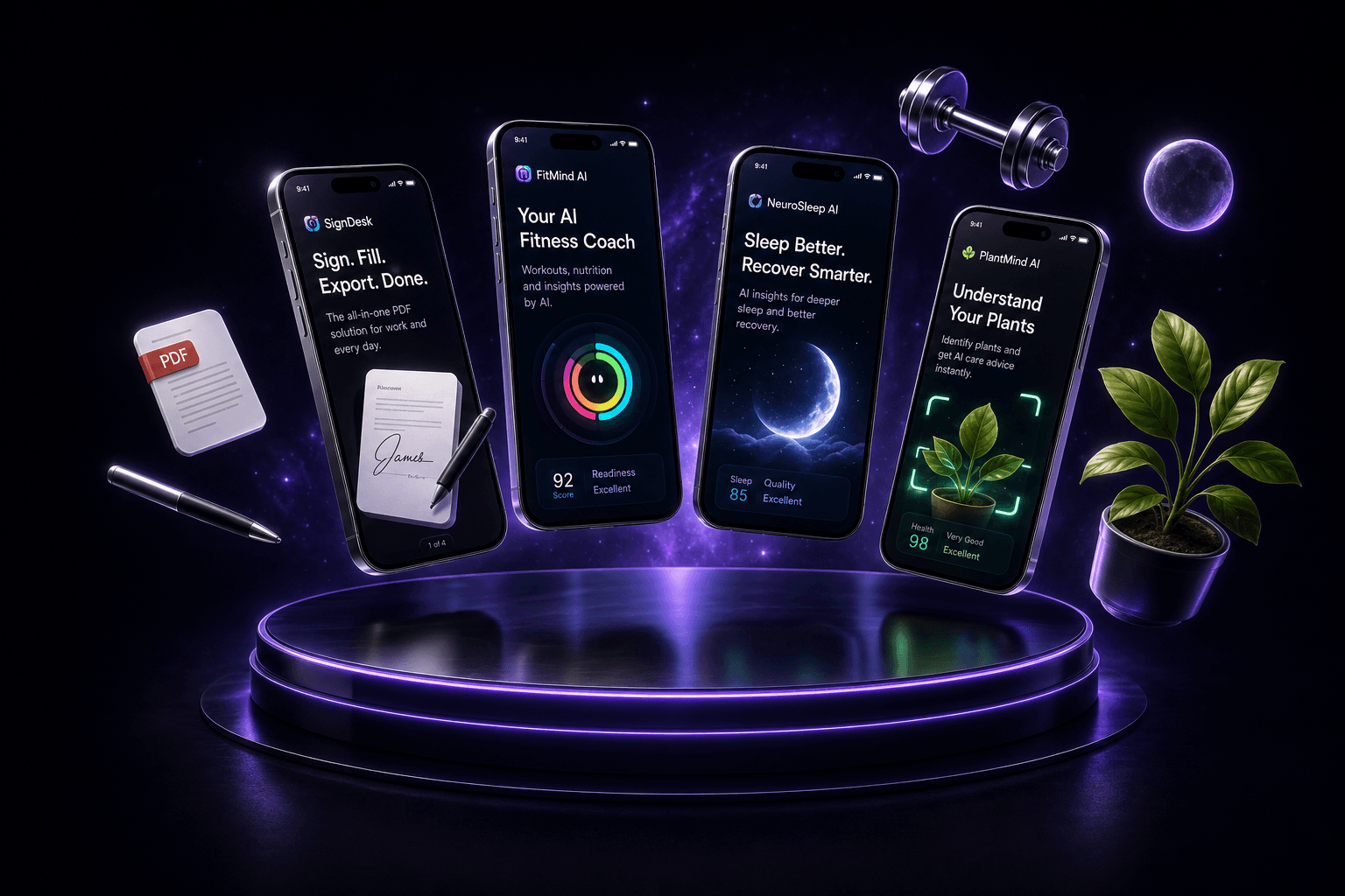 Altivra app showcase — SignDesk, FitMind, NeuroSleep, and PlantMind floating above a glowing podium